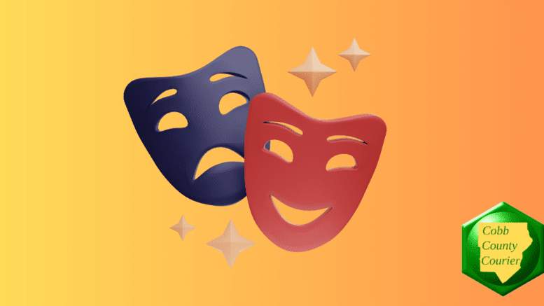 The symbolic masks of tragedy and comedy representing the performing arts