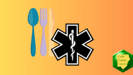 Restaurant health inspection score feature image. A star of life alongside a spoon fork and knife. The "Star of Life" symbol represents medicine and health care. Three rectangles are arranged in a radial pattern to form a sort of abstract star shape, with a snake coiled around a staff superimposed on the center.