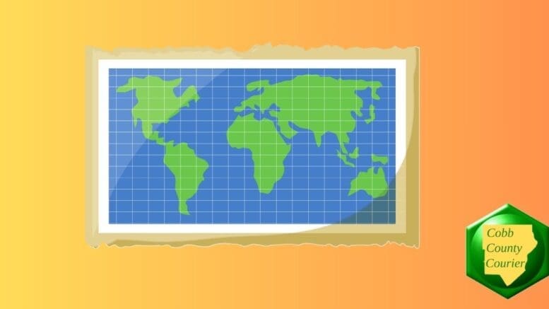 Drawing of an unfolding world map showing all continents except Antarctica