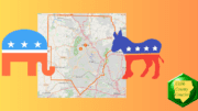 A Republican elephant and Democratic donkey face over a map of Cobb County