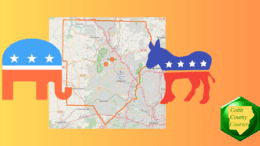 A Republican elephant and Democratic donkey face over a map of Cobb County