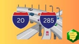 Interstate 20 and 285 shields are overlaid on a drawing of an interstate highway interchange