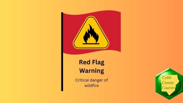 A red flag with a fire danger triangle, and the words "Red Flag Warning, critical danger of wildfire"