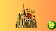 Comic-like drawing of downtown area with an explosion and the word Boom in comic font