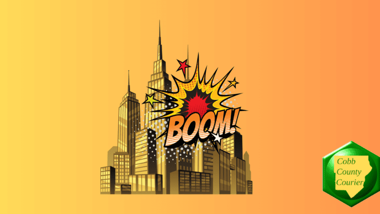 Comic-like drawing of downtown area with an explosion and the word Boom in comic font