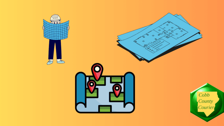 A contractor holding blueprints, a stack of residential blueprints, and a representation of a site map