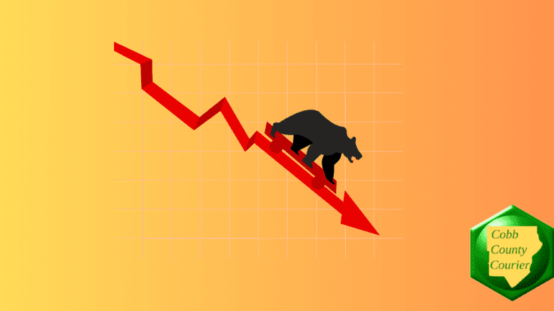 A drawing of a bear sliding down a red arrow line representing a market crash