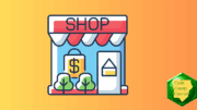 A graphic of a store with an awning, with a shopping bag and dollar sign