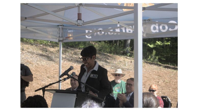 District 4 Commissioner Monique Sheffield speaks at ribbon-cutting ceremony for the Chattahoochee RiverLands
