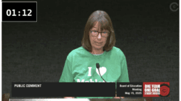 Screenshot of Mableton resident Susan Steinway speaking at school board meeting in opposition to bus depot