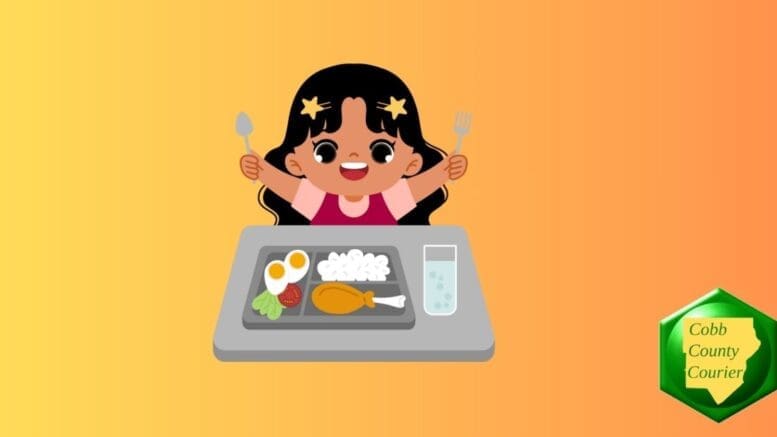 Drawing of a happy child holding up utensils in front of a lunch tray
