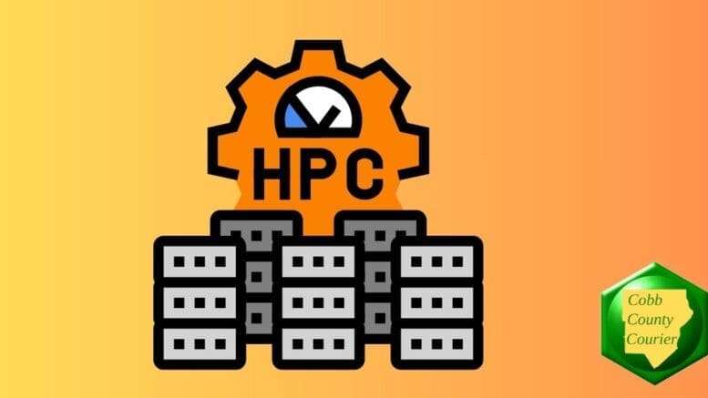 Graphic of a dial indicator labeled HPC over a cluster of servers