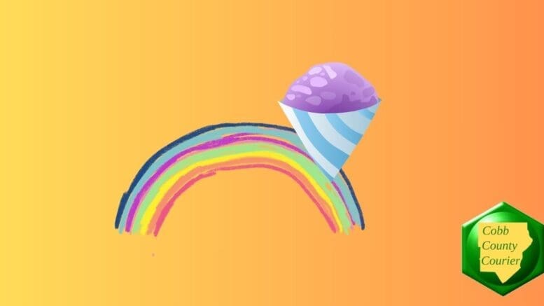 a chalk-drawn rainbow and a snow cone