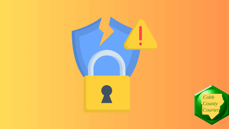 In icon with a lock and broken shield representing a data breach