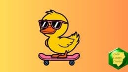 A cartoon drawing of a duck wearing sun glasses, riding a skateboard
