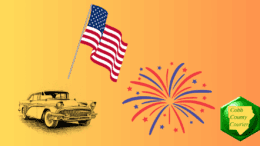 drawing of an american flag, a classic car, and a fireworks display