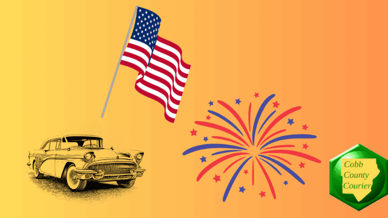 drawing of an american flag, a classic car, and a fireworks display