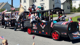 A locomotive parade float