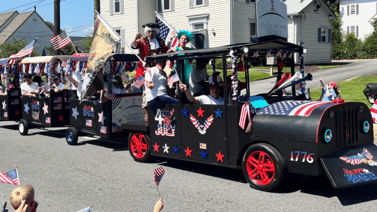 A locomotive parade float