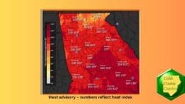 A heat map showing 100-110 degree heat index for much of Georgia on July 30