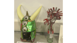 Two fanciful works of art created from recycled items by Cobb County teens