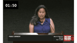 Laura Zhiss speaking at school board meeting