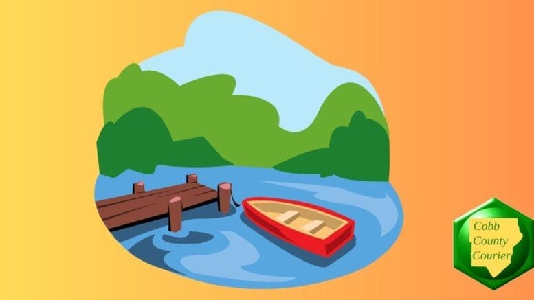 Color graphic of a lake with a dock and a rowboat