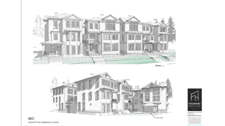 Artist rendering of three-story detached homes proposed for Watts Drive in Kennesaw