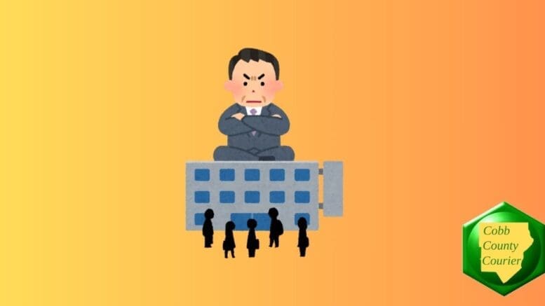 A man cross-legged on a building, looking angrily down at a crowd of people