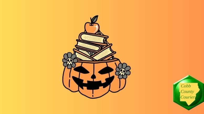 Sinister looking jack-o-lantern with books