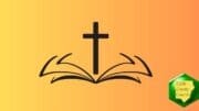 A line drawing of a cross and bible