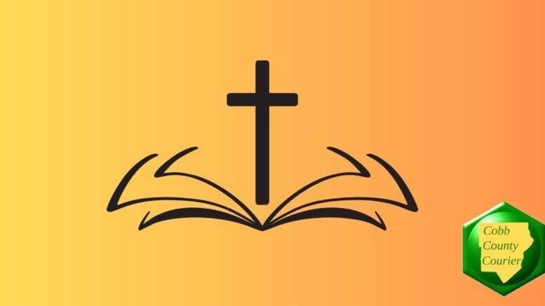 A line drawing of a cross and bible