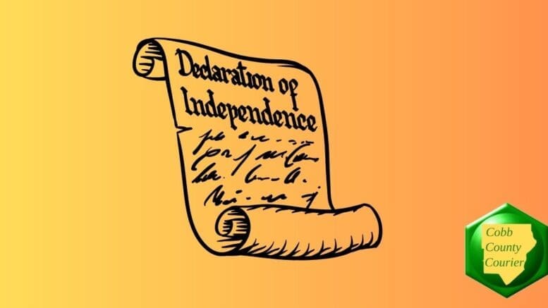 A line drawing of the Declaration of Independence with only the title distinct