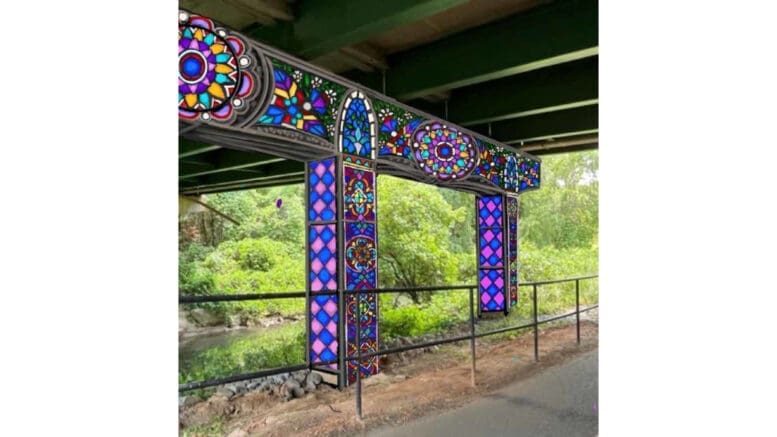 Colorful mural on road supports