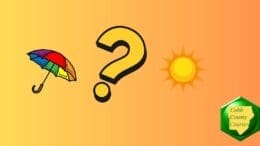 An umbrella, a question mark, and the sun, representing uncertainty about the weather