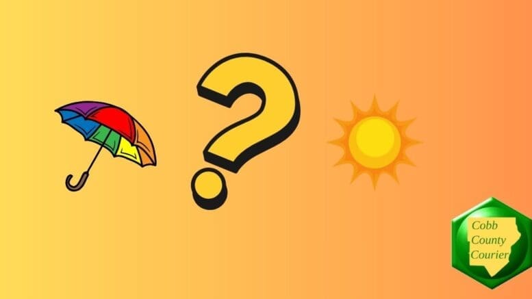 An umbrella, a question mark, and the sun, representing uncertainty about the weather