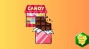 Drawing of a candy storefront with an open partially eaten chocolate bar in front of it