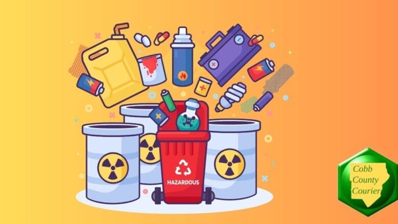 Drawing of various poisonous, flammable, or otherwise hazardous waste items surrounding disposal barrels