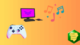Drawings of a video game controller, a desktop computer, and musical notes