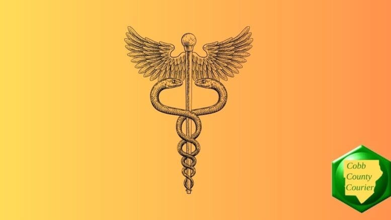 Medical symbolic staff with serpents and wings