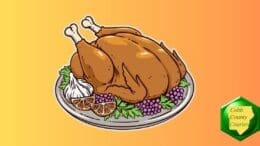 Drawing of a cooked turkey surrounded by fixings