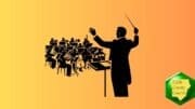 Silhouette of a conductor in front of a chamber orchestra