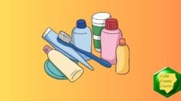 various personal hygiene products including tooth brush, soap and shampoo