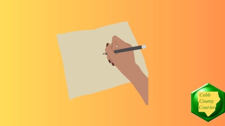 Drawing of a hand writing with a pencil on a sheet of paper