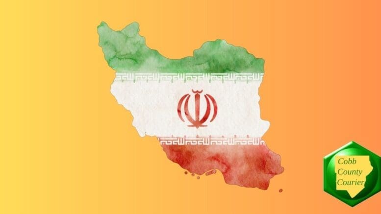 Outline of the map of Iran with an Irani flag superimposed on it