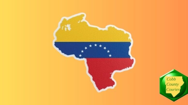 A map of Venezuela with the flag colors overlaid within the outline