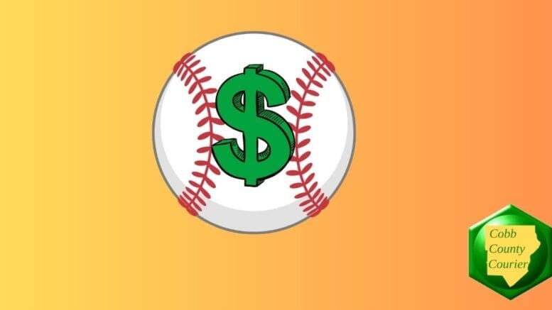 A drawing of a baseball with a dollar sign superimposed