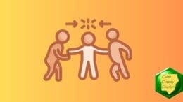 Abstract drawings of two people in fighting stance with a third person holding them apart