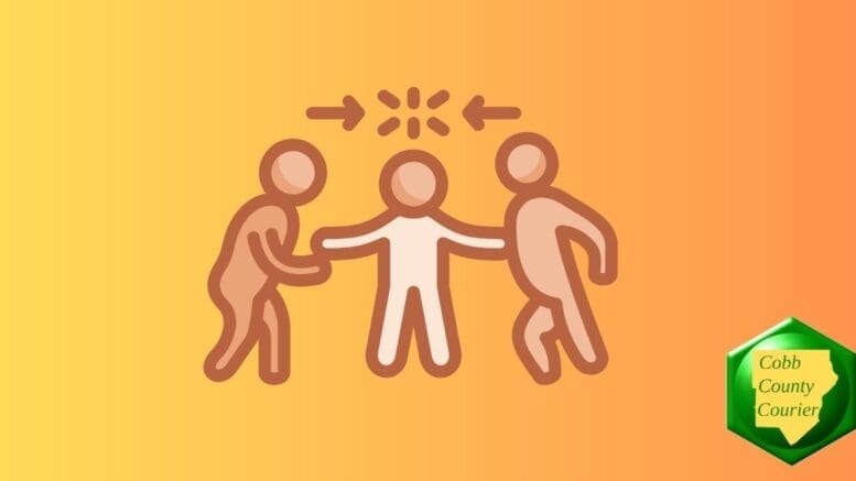 Abstract drawings of two people in fighting stance with a third person holding them apart