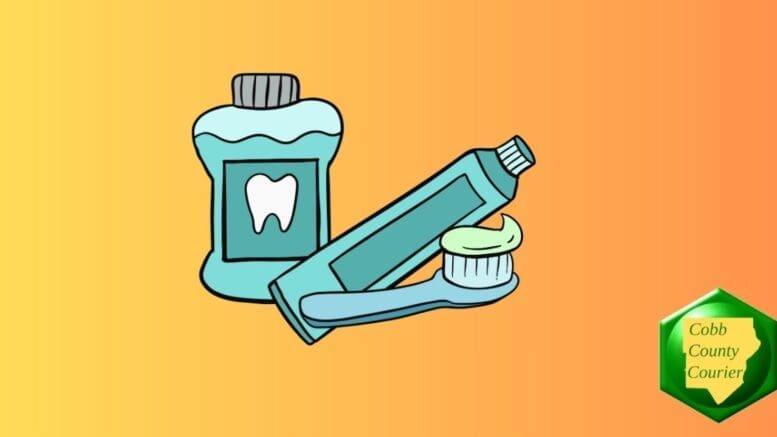 Drawing of mouthwash, toothpaste and toothbrush